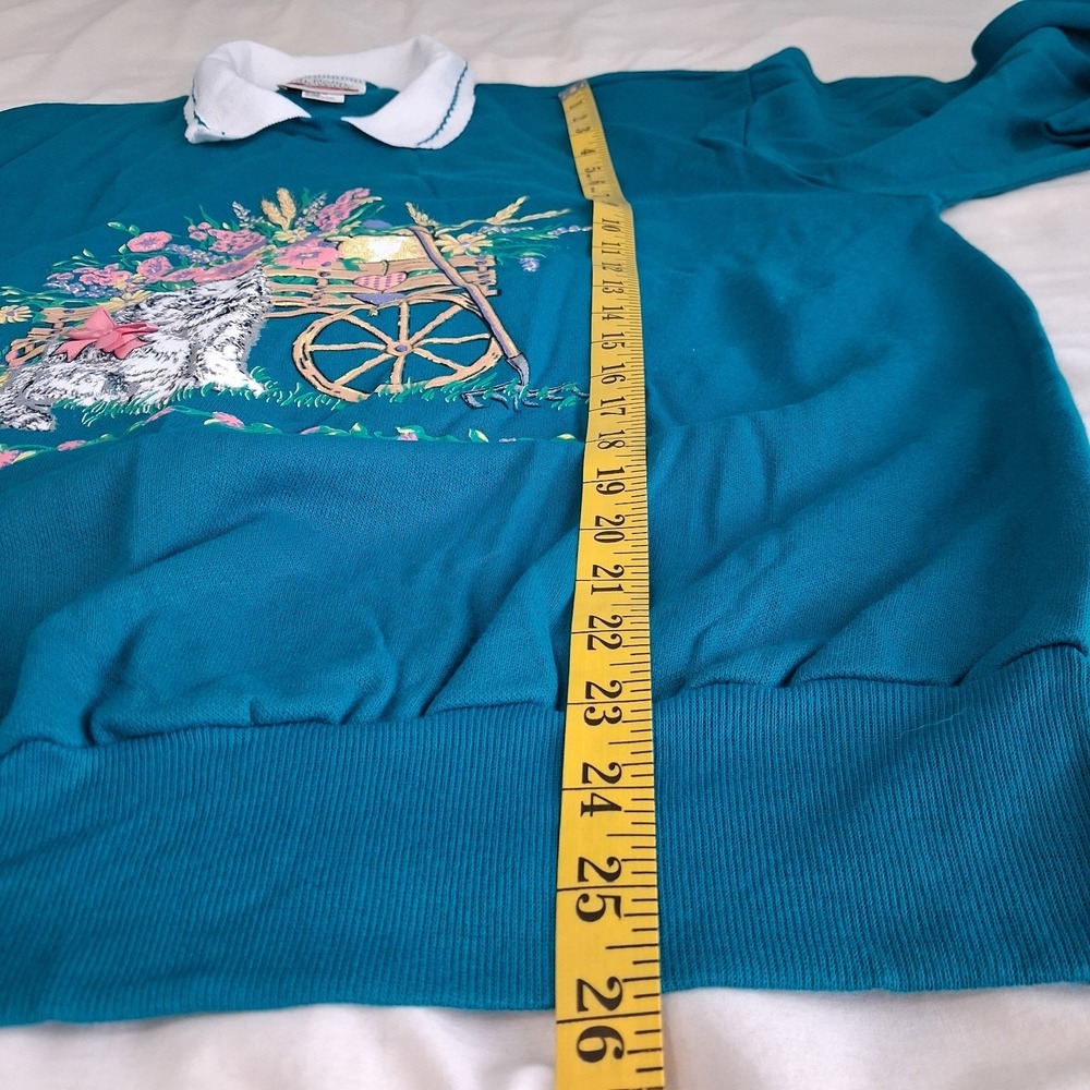 Vtg 90s Floral Cats Grandma Collared Sweatshirt Large L Womens Teal Bow Detail - Picture 5 of 14